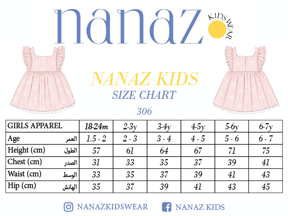 Size chart for فستان بناتي أزرق فاتح مطبوع