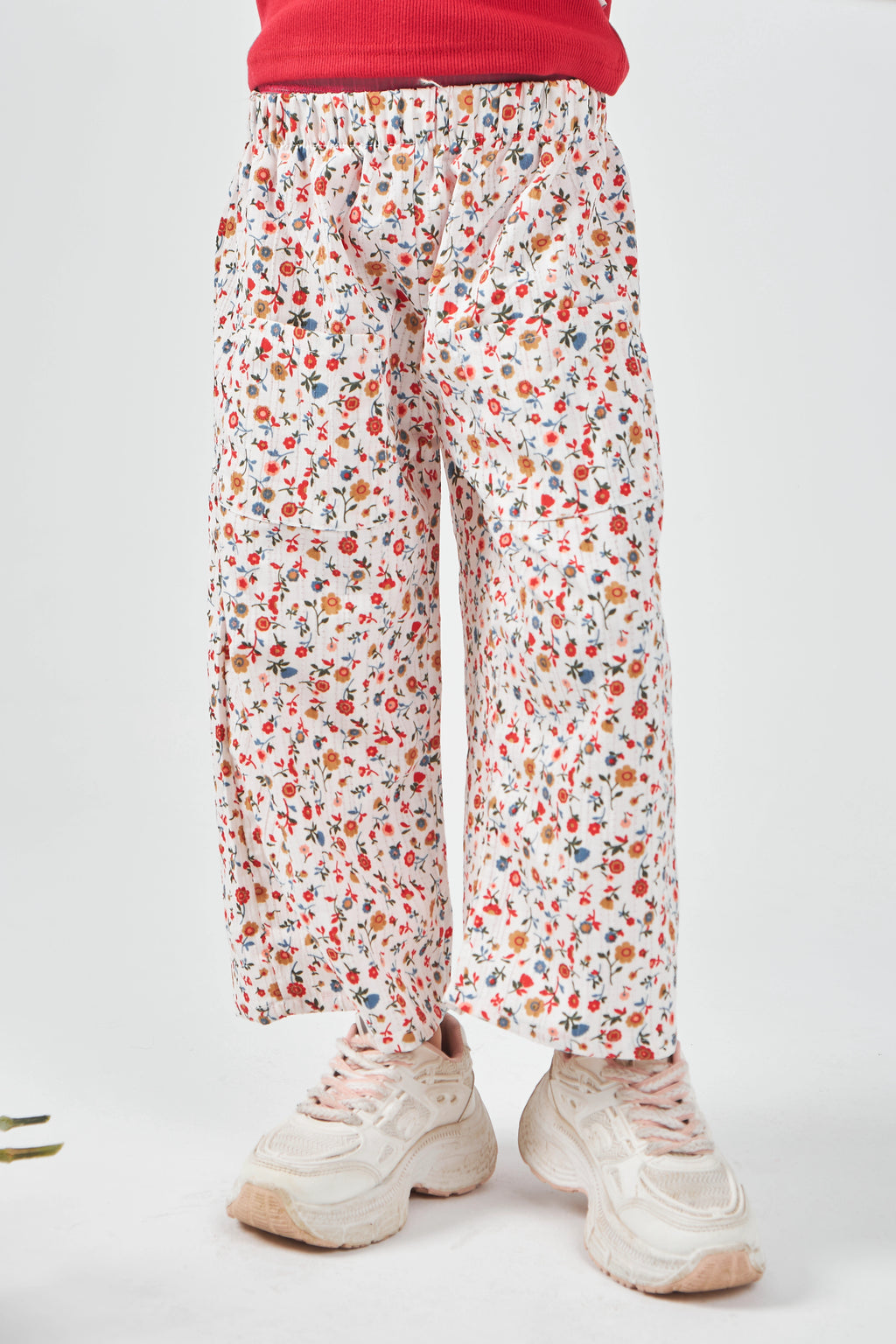 White and Red Girls Woven Pants