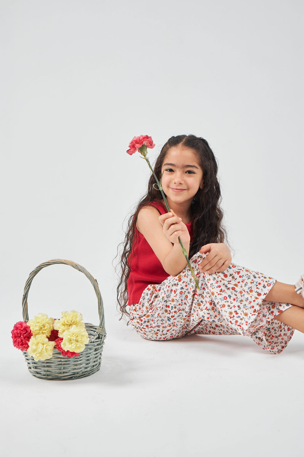 White and Red Girls Woven Pants
