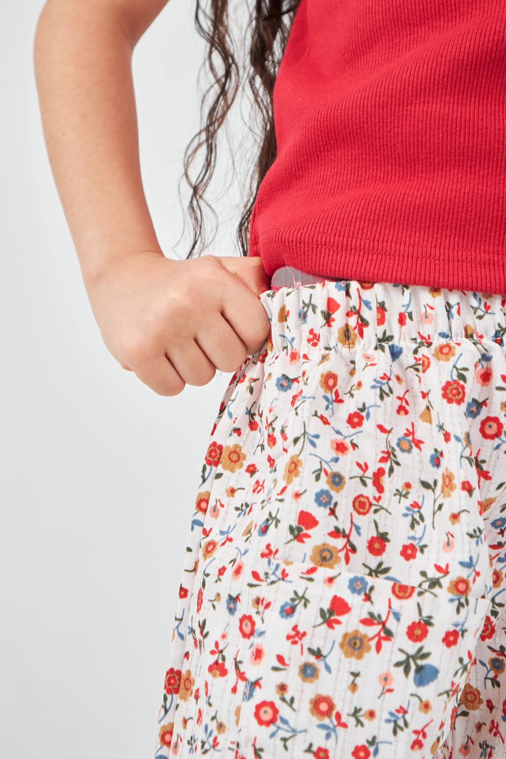 White and Red Girls Woven Pants