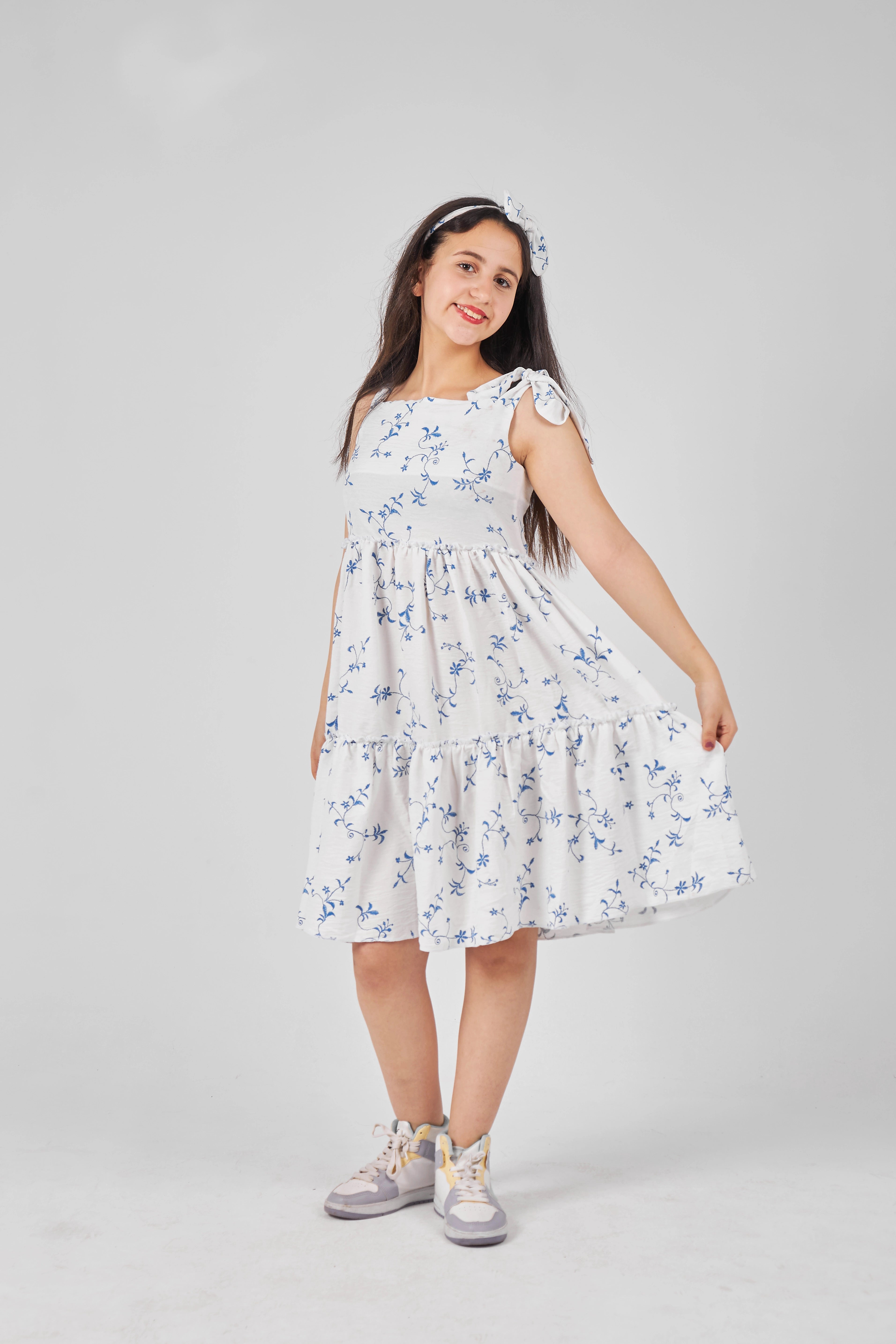 Printed White Girls Dress