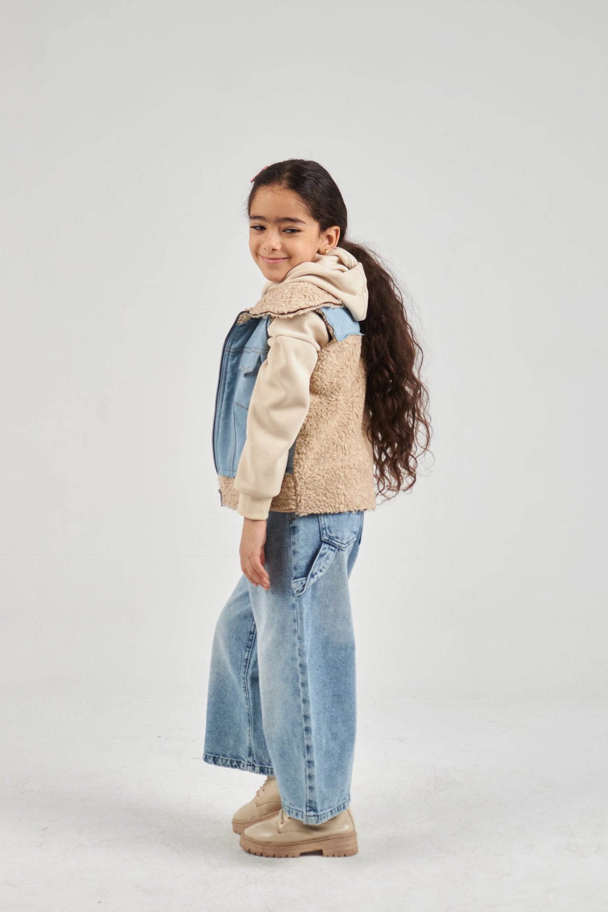 Girls Denim & Beige Denim Gilet