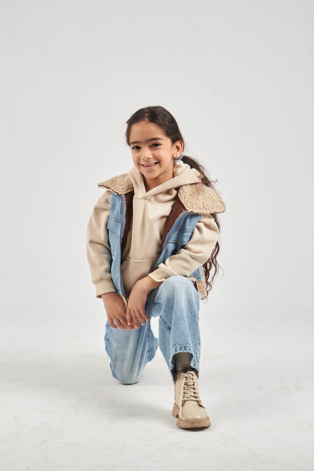 Girls Denim & Beige Denim Gilet