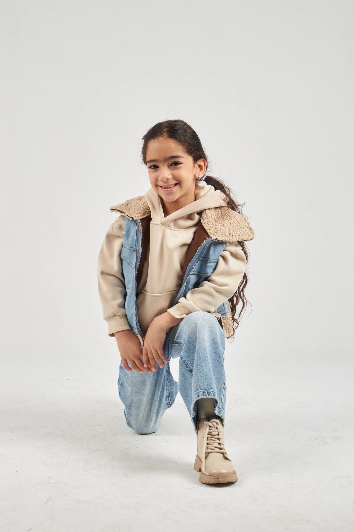 Girls Denim & Beige Denim Gilet