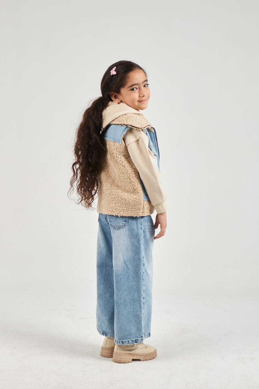 Girls Denim & Beige Denim Gilet