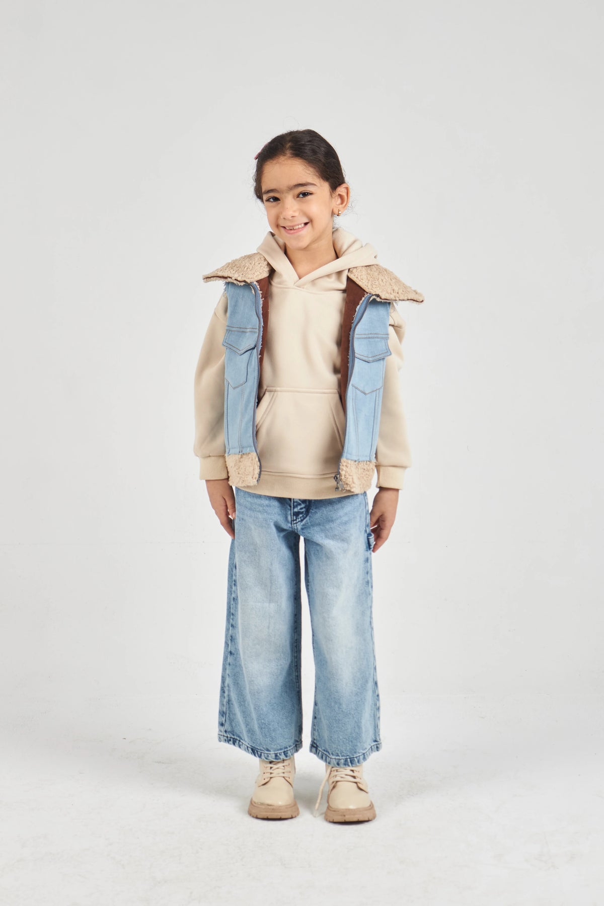 Girls Denim & Beige Denim Gilet