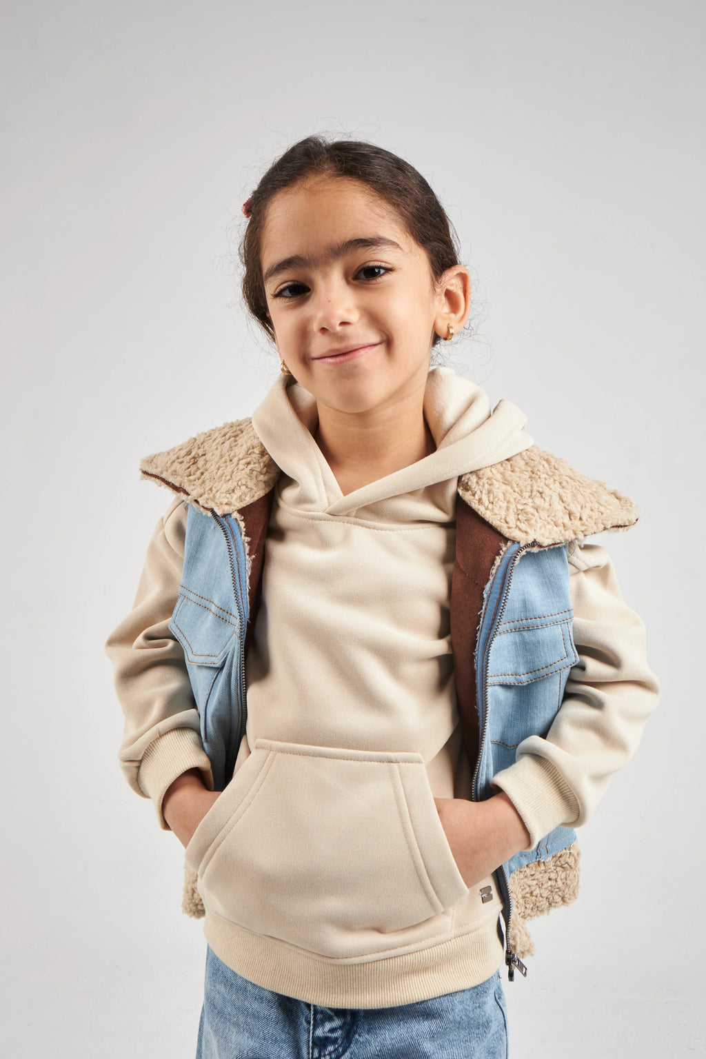 Girls Denim & Beige Denim Gilet