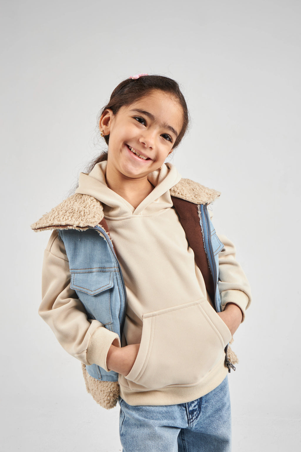 Girls Denim & Beige Denim Gilet