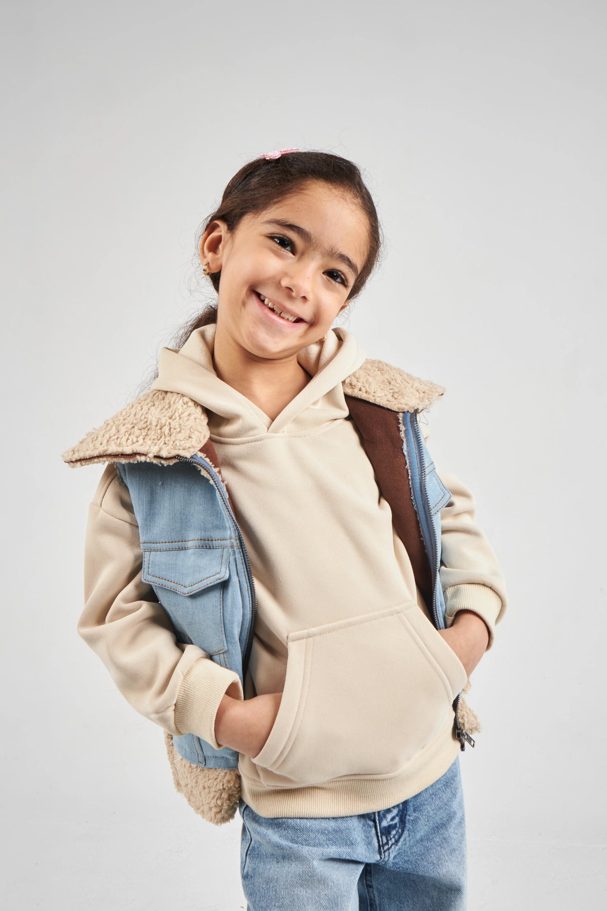Girls Denim & Beige Denim Gilet