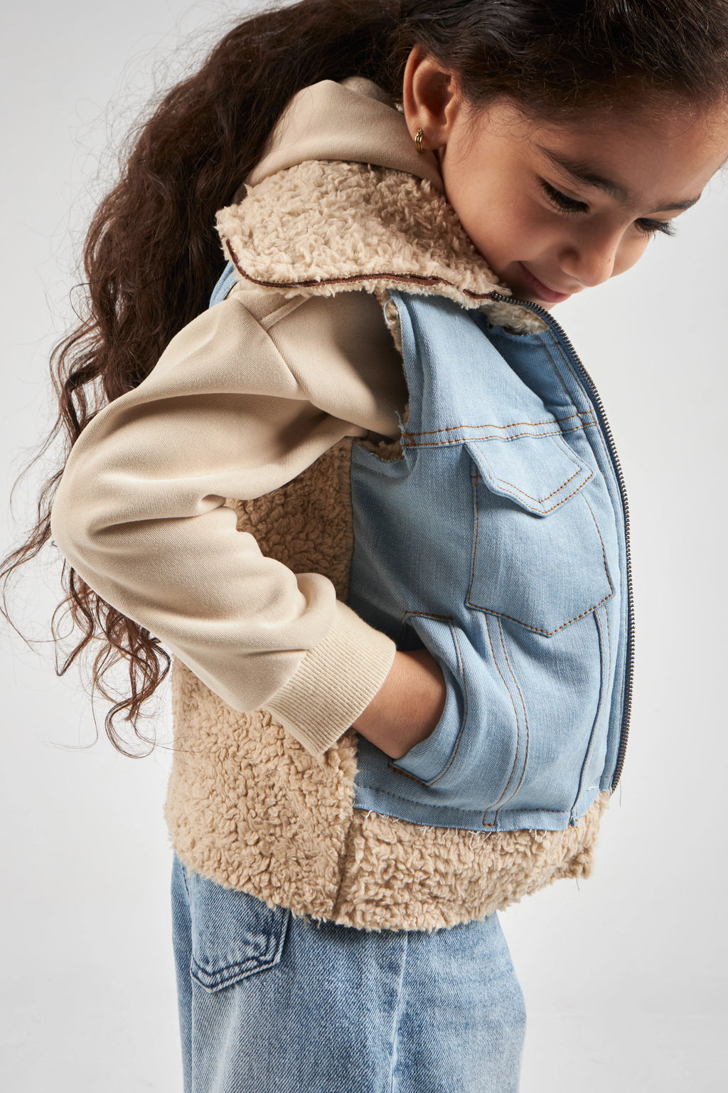 Girls Denim & Beige Denim Gilet