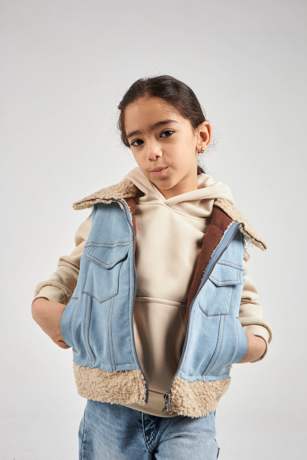 Girls Denim & Beige Denim Gilet