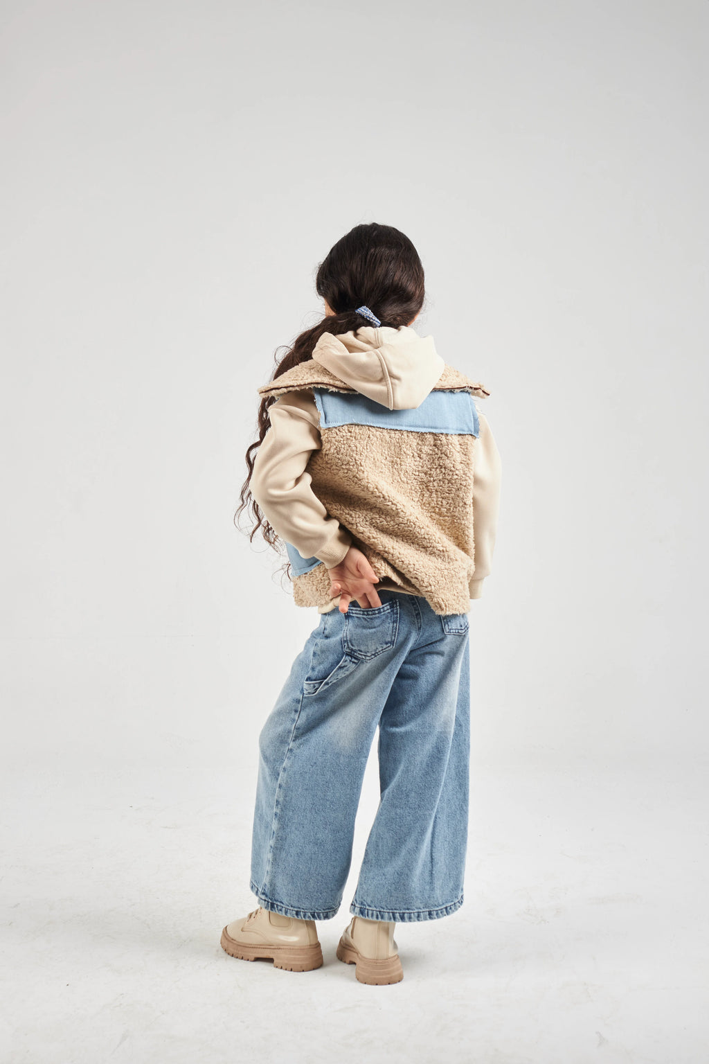 Girls Denim & Beige Denim Gilet