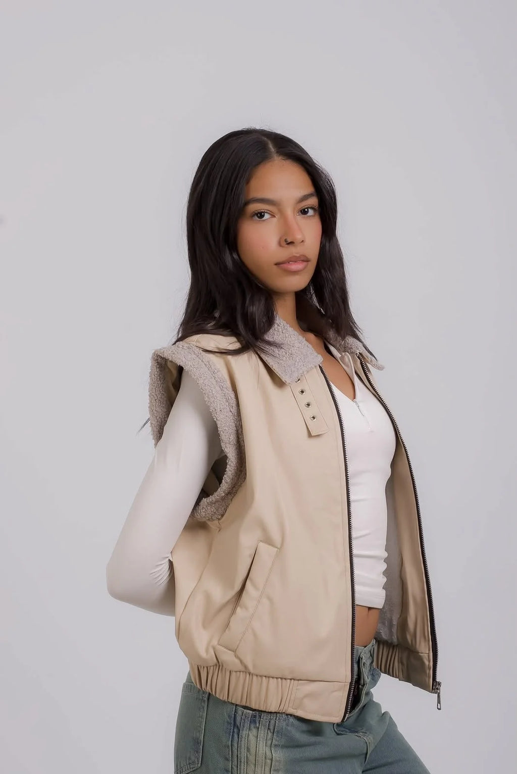 Girls Beige Leather Gilet