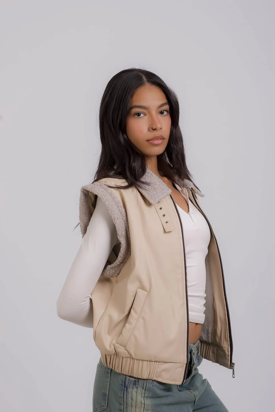 Girls Beige Leather Gilet