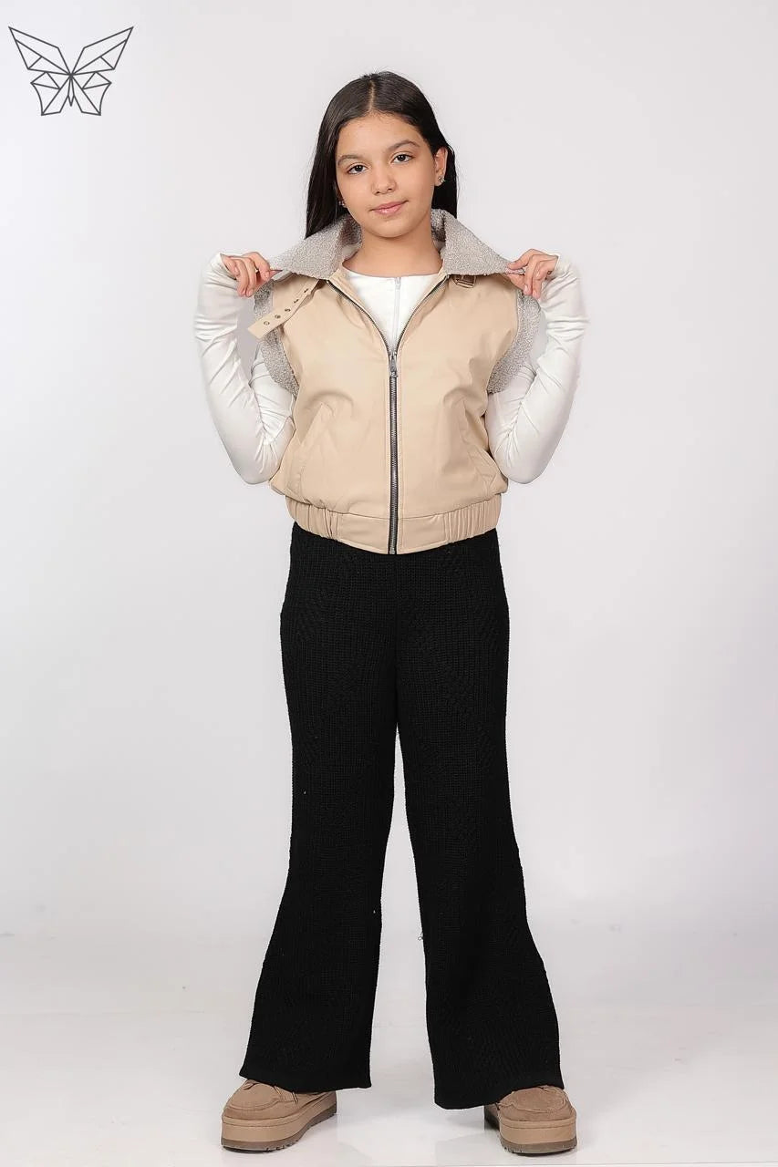 Girls Beige Leather Gilet
