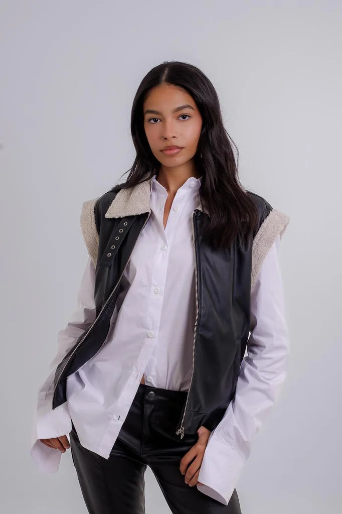 Women Black Leather Gilet