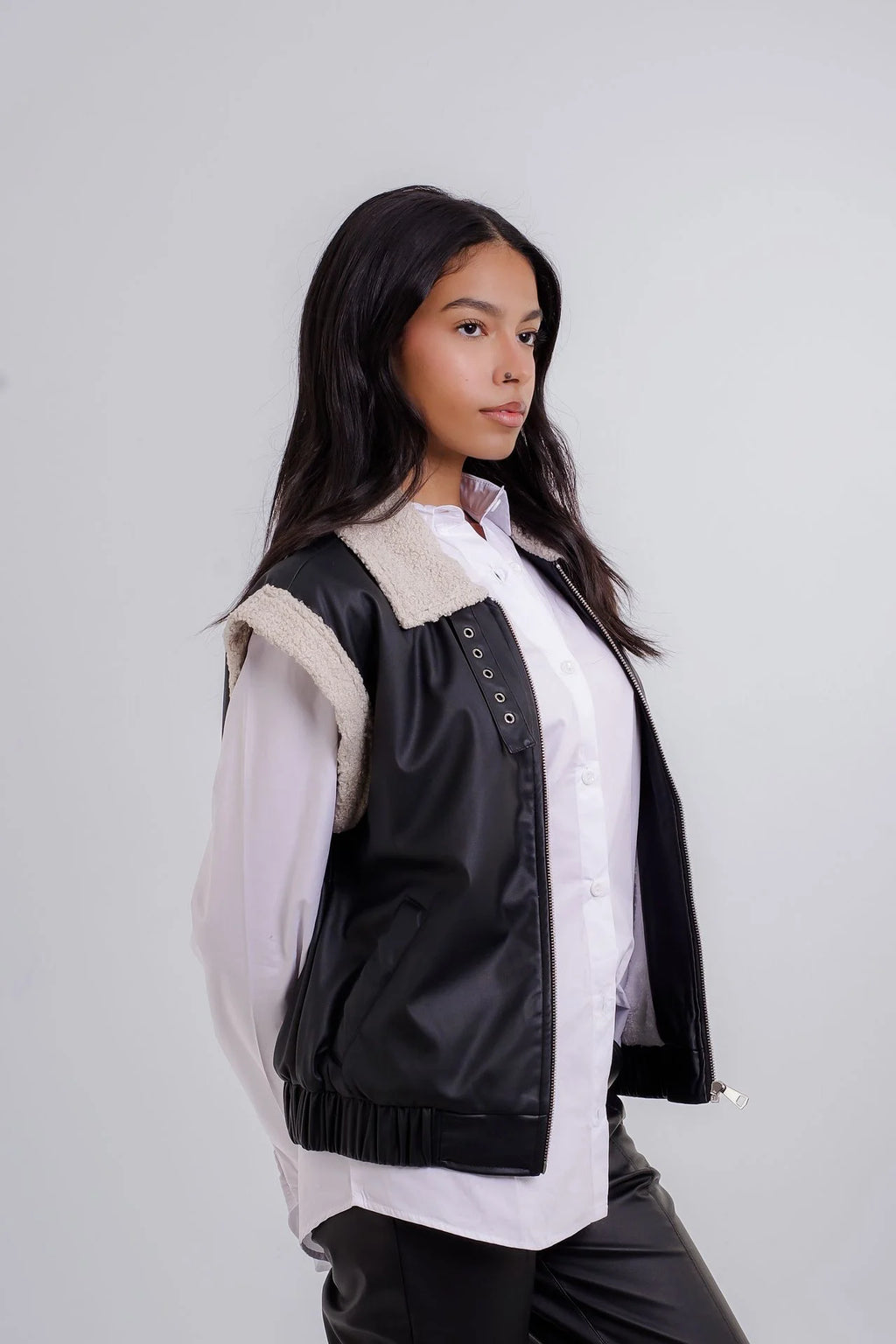 Women Black Leather Gilet