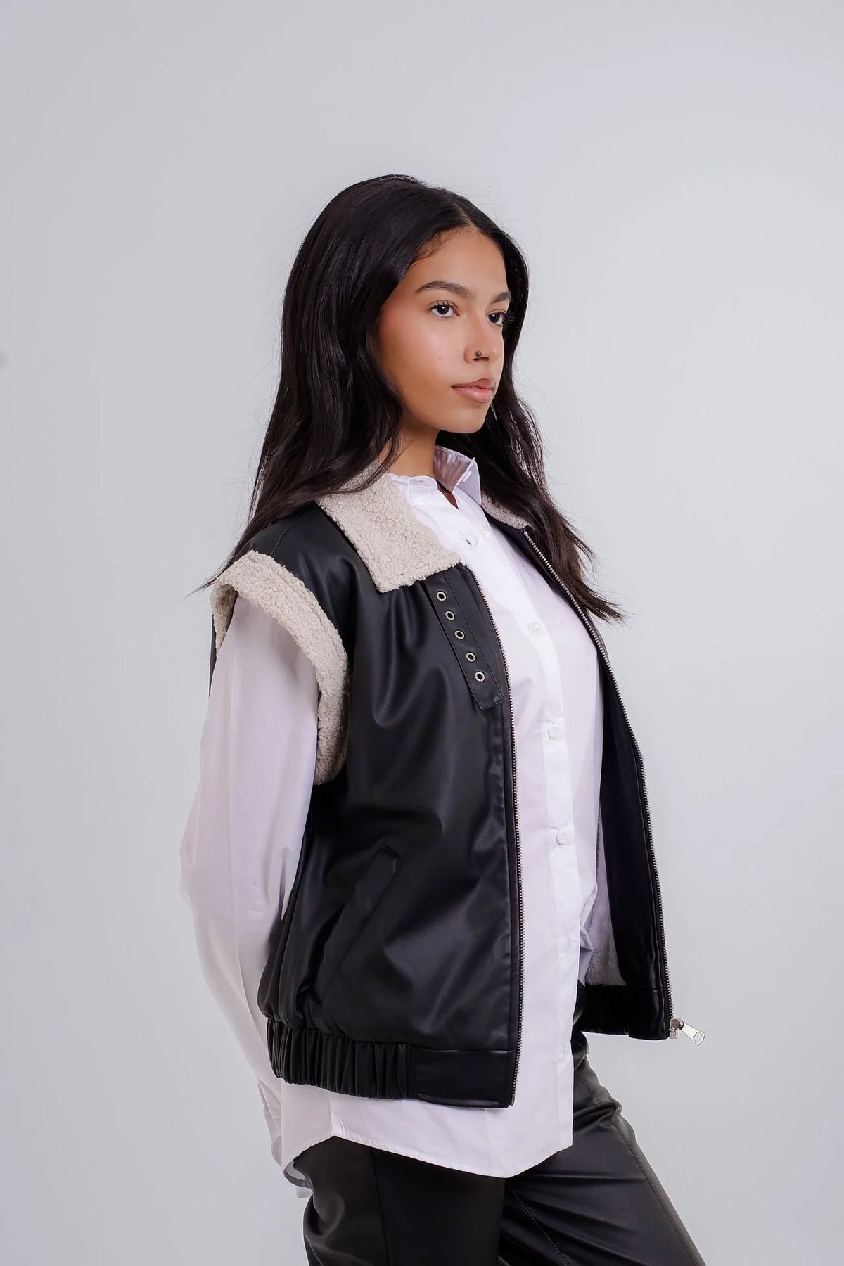 Women Black Leather Gilet