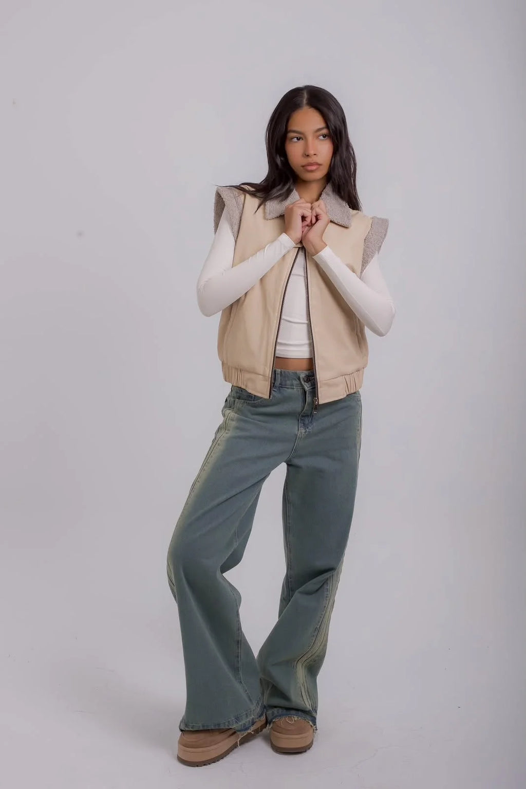 Women Beige Leather Gilet