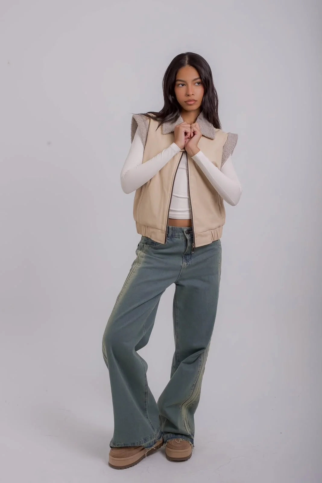 Women Beige Leather Gilet