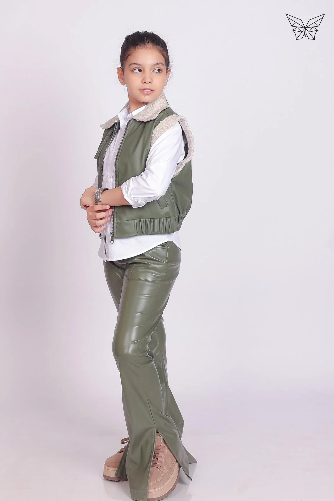 Girls Olive Leather Pants