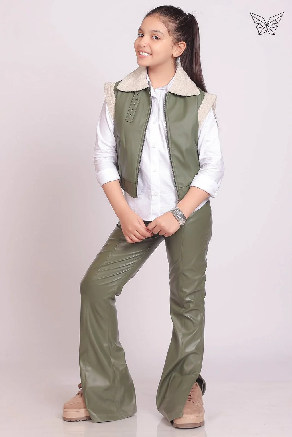 Girls Olive Leather Pants