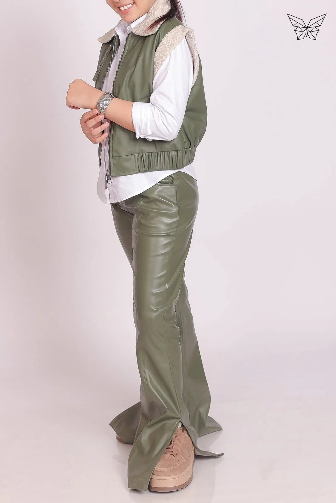 Girls Olive Leather Pants